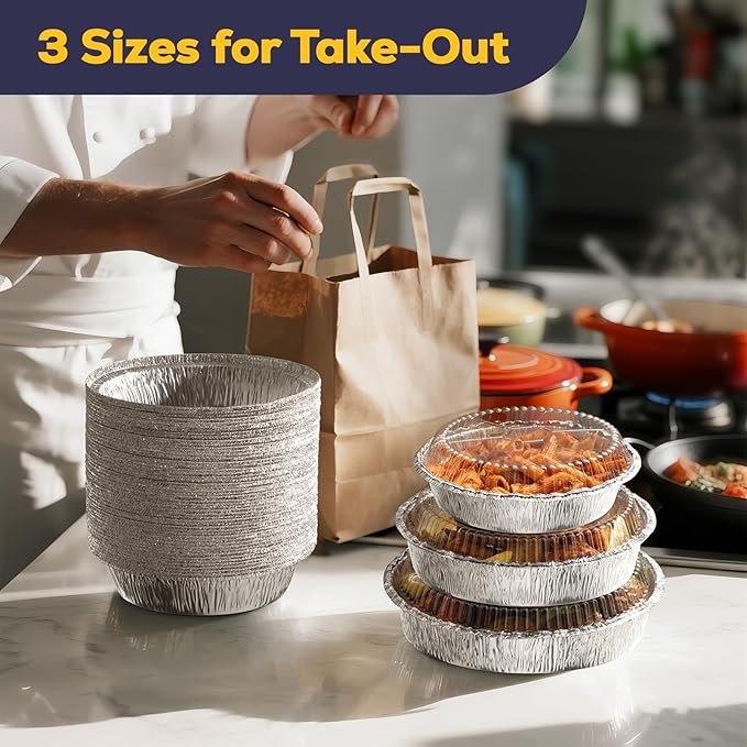 Fit Meal Prep 50 Pack 7" Round Aluminum Foil Pans with Clear Dome Lids, Pie Tins Disposable 7 inch with Lids, Take Out Containers, Freezer Oven Safe Aluminum Baking Pans for Storing, Cooking, Storage