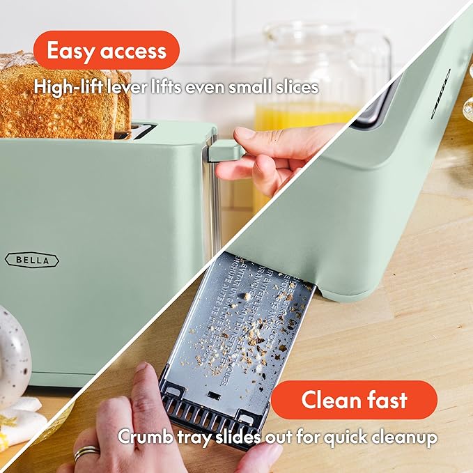 BELLA 2 Slice Toaster with Auto Shut Off - Extra Wide Slots & Removable Crumb Tray and Cancel, Defrost & Reheat Function - Toast Bread, Bagel & Waffle, Sage