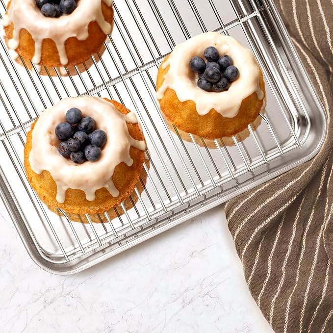 E-far Stainless Steel Baking Pan Set, 9-Piece Bakeware Sets for Cake Cookie Loaf Muffin, Include Round, Square, Rectangle Baking Sheet Pan with Lid & Cooling Rack, Dishwasher Safe