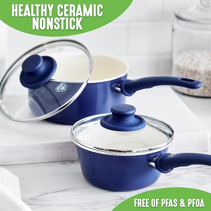 GreenLife Soft Grip 1QT and 2QT Saucepan Set, Healthy Ceramic Nonstick, Non Toxic PFAS & PFOA-Free, Dishwasher Safe, Glass Lids, Stay-Cool Handles, Easy Clean Cookware, Kitchen Essentials, Blue