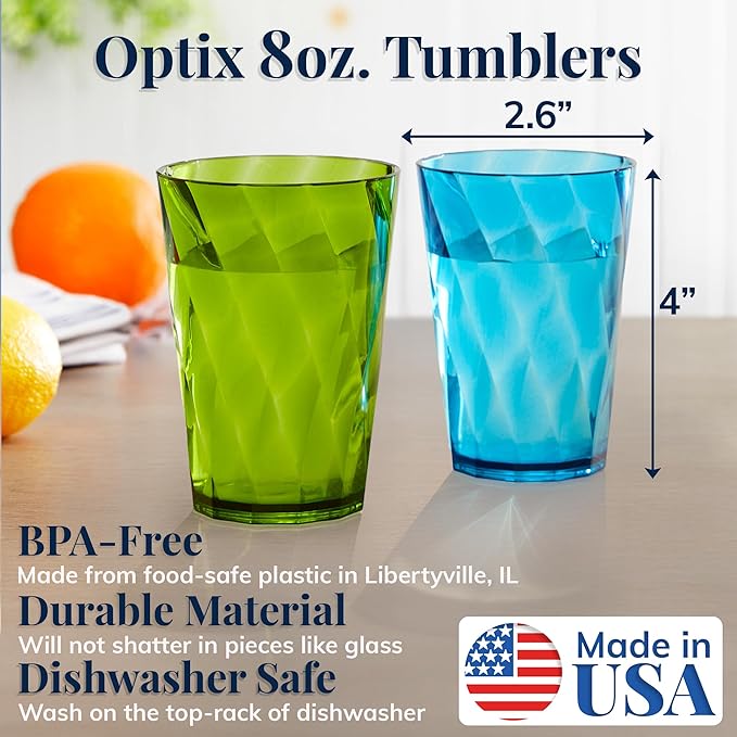 US Acrylic Optix Mini Plastic Reusable Drinking Glasses (Set of 8) 8oz Juice Cups in Jewel Tone Colors | BPA-Free Tumblers, Made in USA | Top-Rack Dishwasher Safe