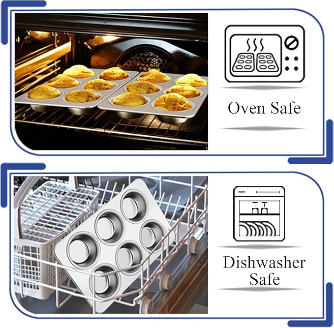 TeamFar Muffin Pan Set of 4, 6 Cup Muffin Tins Pans For Baking, Cupcake Pan Tray Set Stainless Steel for Baking Muffins Cakes Tarts and More, Healthy & Sturdy, Oven & Dishwasher Safe