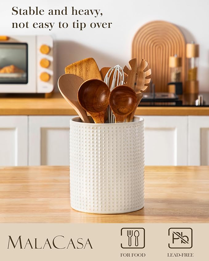 MALACASA LYDIA Ceramic Utensil Holders, 7.3"+5.5" Kitchen Utensil Crock Set for Countertop, Large & Small Utensil Organizers for Cooking Tools, Rhombus Pattern