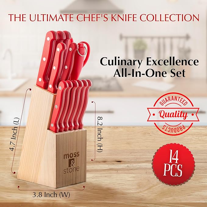 Moss & Stone 14 Pcs Knife Block Set Stainless Steel, Premium Forged Kitchen Knives Set with High-Carbon Blades, Ergonomic Handle, Sharp Blade, Rust Resistant, Modern Style for Home & Chef, Red