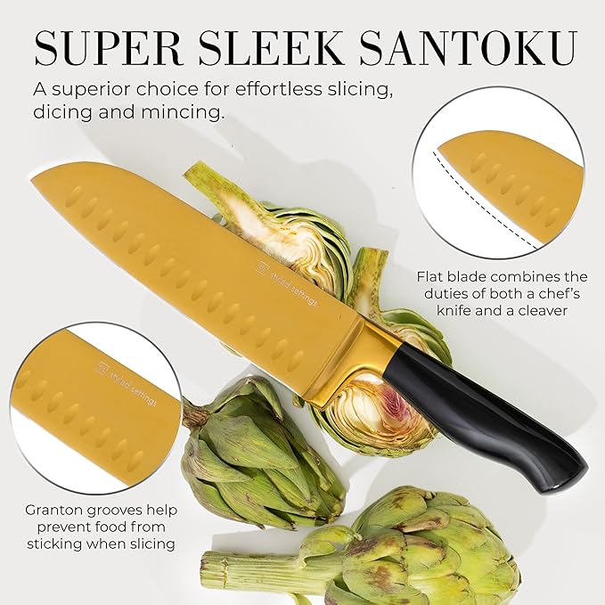Black and Gold Knife Set with Block and Sharpener – 14-Piece Full Tang Golden Knives with Self-Sharpening Knife Block – Gold Kitchen Accessories for Cooking and Prepping; Ideal for Gifting