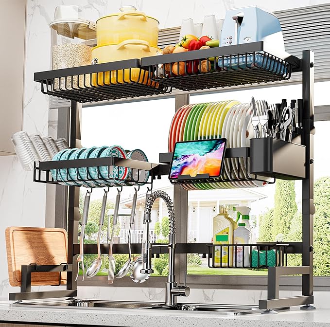 ADBIU Over The Sink Dish Drying Rack (Expandable Height and Length) Snap-On Design 2 Tier Large Dish Rack (27-40L x 12W x 32.5-37H (inches))