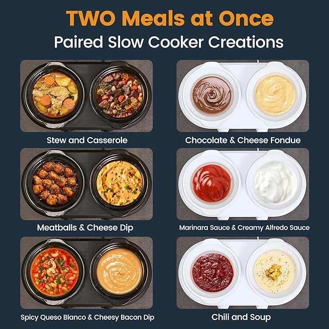 KOOC Double Small Slow Cooker, Buffet Server and Warmer, 2 Mini Pots with 3 Individual Adjustable Temp, Dual Ceramic Pots, Free Liners for Easy Clean-up, Stainless Steel, Total 2.5 Quart, Red, Round