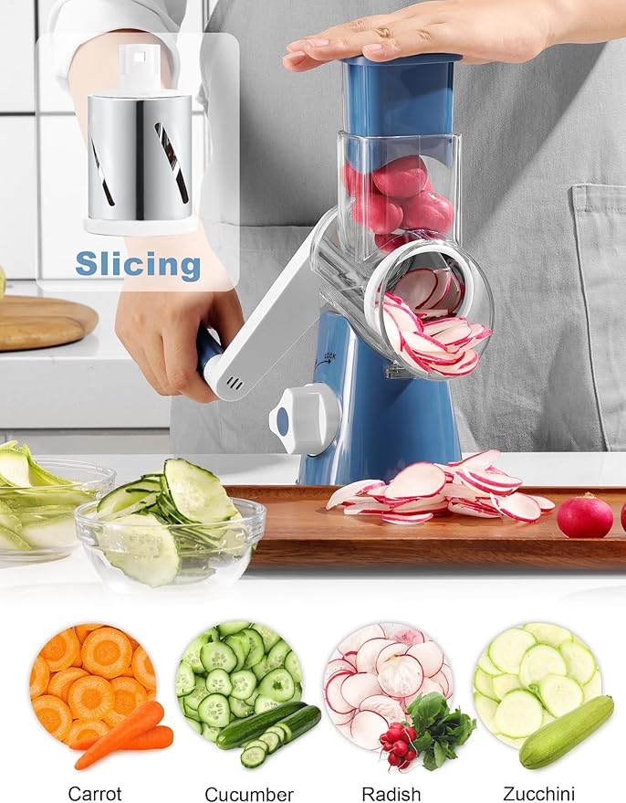 Cheese Grater Rotary, Rotary Grater for Kitchen, Kitchen Grater Vegetable Slicer with 3 Drum Blades, Fast Cutting Cheese Shredder for Vegetables and Nuts