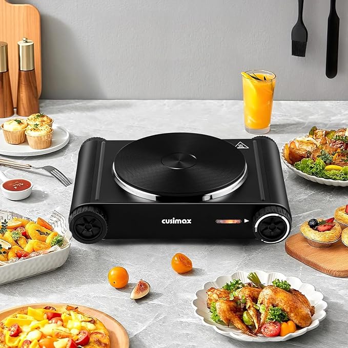 Cusimax Hot Plate,1500W Hot Plate Electric with 7.4″Cast Iron Countertop Single Burner,Electric Stove Top Burner for Cooking,Temperature Controls,Black
