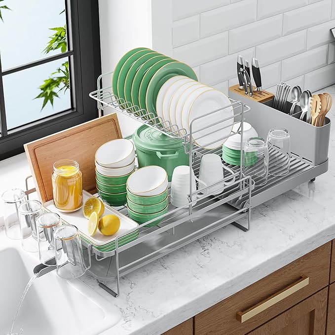 Kitsure Large Dish Drying Rack - Extendable Dish Rack, Multifunctional Dish Rack for Kitchen Counter, Anti-Rust Dish Drainers with Cutlery & Cup Holders 19.2"-26.7" L x 12.9" W x 13.6", Grey