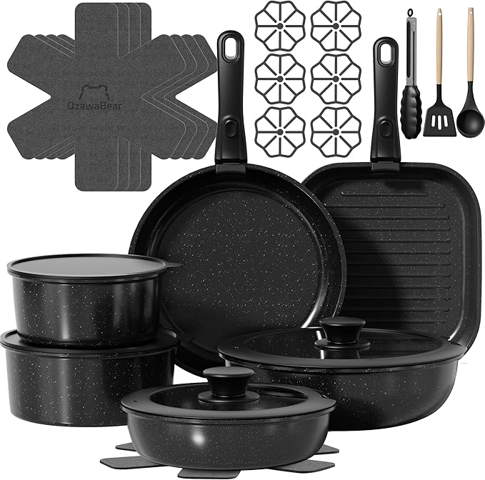 26 Pcs Pots and Pans Set Non Stick, Ceramic Cookware Set Non Toxic with Detachable Handles, Healthy Induction Cookware Oven Safe RV Kitchen Set, PFAS PFOA & PTFE Free, Black