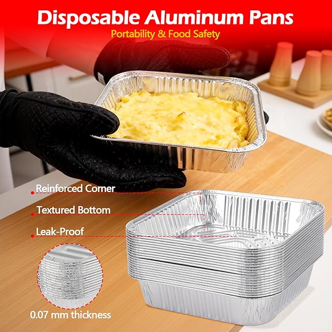 8x8 Aluminum Foil Pans with Lid, 35 Pack Disposable Trays Half Size Heavy Duty Tin Pans Deep Food Containers For Cooking, Meal Prep, Baking, Roasting, Chafing, Heating or Steam Table