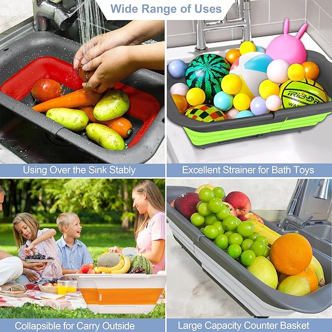 ROTTOGOON 7Qt Collapsible Colander Strainer, Expandable Over the Sink Colander, Adjustable Silicone Kitchen Sink Strainer, Foldable Large Colanders Basket to Wash Vegetable, Fruit, 15" to 19.8"