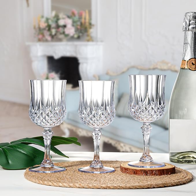 XUWAIDSGN 7oz Plastic Vintage Wine Glasses Drinking Glasses Unbreakable Wedding Glassware Crystal Water Goblets Reusable Drinkware Vintage Champagne Flutes (100, Clear)