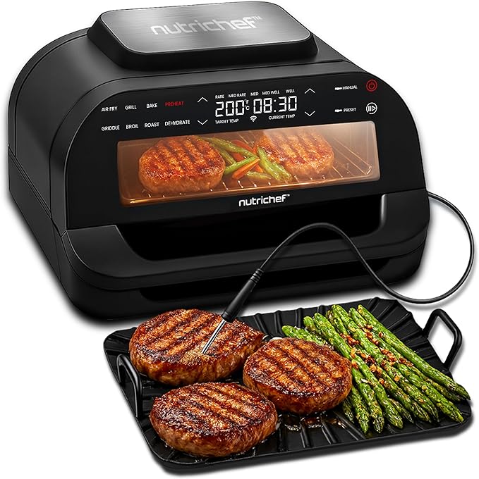 NutriChef Indoor Smokeless Grill | Smart Grill & Air Fryer with 7 Cooking Functions | 6L Capacity | Includes Smart Thermometer | Precise Temperature Control | Non-Stick Removable Grill Plates
