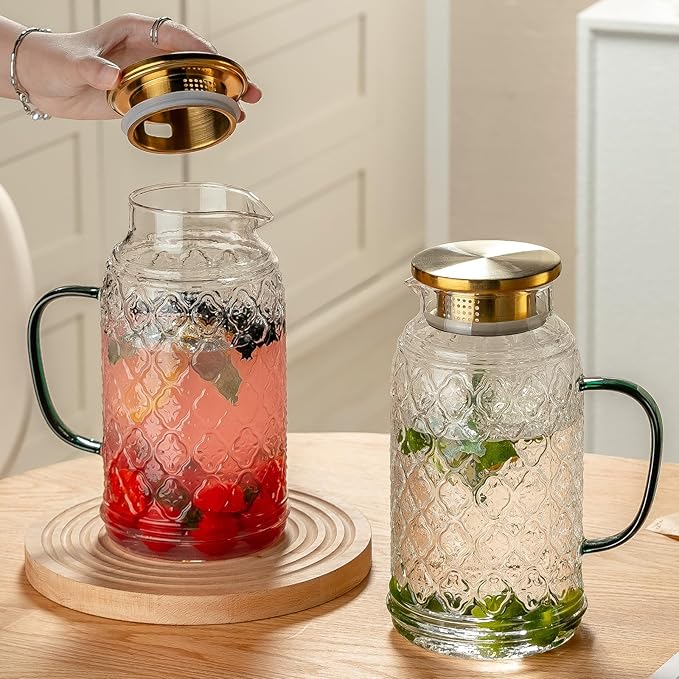 Buaic Glass Pitcher with Lid, 2 PACK 68 oz/2 Liter Vintage Water Pitcher, Clear Borosilicate Glass Water Carafe for Cold Brew, Coffee, Lemonade, Iced Sun Tea,Beverage, Milk, Heat Resistant