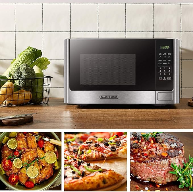 BLACK+DECKER Digital Microwave Oven with Turntable Push-Button Door, Child Safety Lock, Stainless Steel, 0.9 Cu Ft