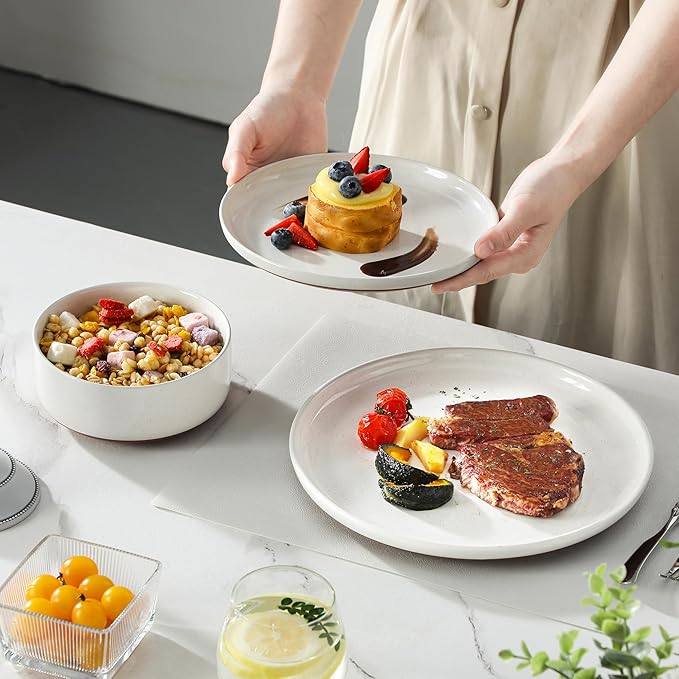 MALACASA Plates and Bowls Sets, 24 Pieces Modern Ceramic Dinnerware Set for 8 Kitchen Stoneware Dishes Dishware Set Microwave and Dishwasher Safe, White, Series TARA