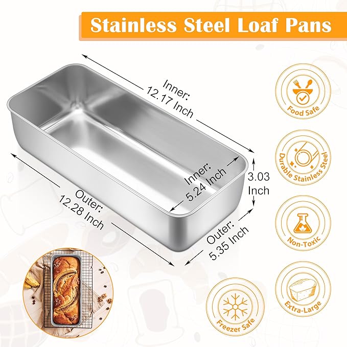 E-far Bread Loaf Pan, 12” x 5” Large Stainless Steel Loaf Pan for Homemade Bread, Long Metal Bakeware Mold for Baking Banana Cake Meatloaf Brownies Lasagna, Nontoxic & Dishwasher Safe