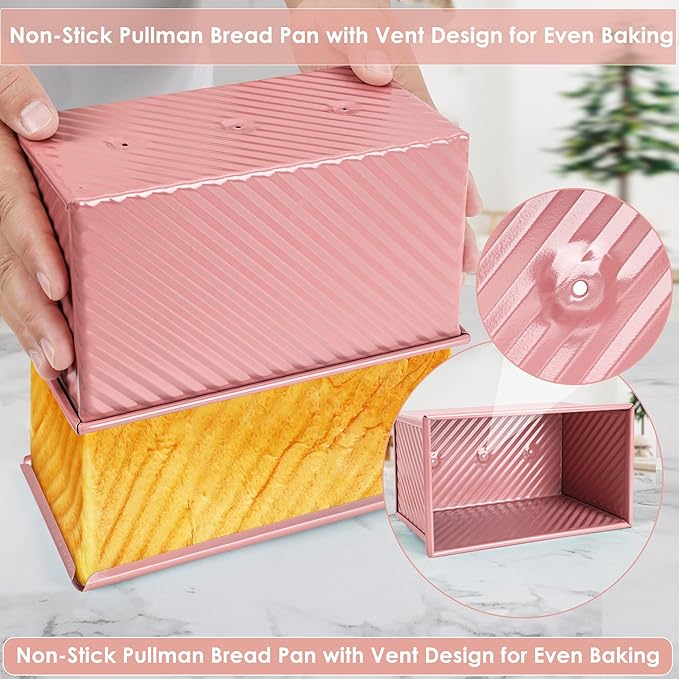 Unique Pink 1LB Bread Loaf Pan with Lid, Non-stick Safe Coating, Compact and Stylish Pullman Loaf Pan with Lid for Sandwich Loaves, Elevate Home Baking Aesthetics