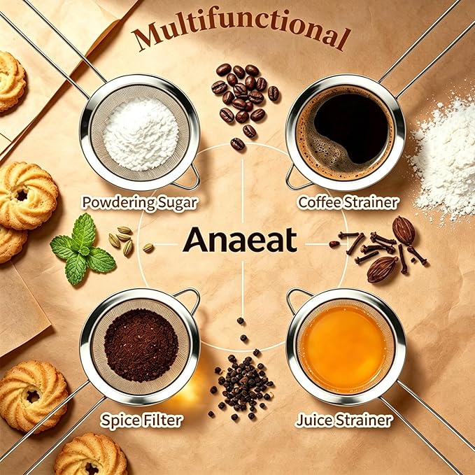 Anaeat Fine Mesh Strainers - Premium Stainless Steel Colander Sieve Sifters, with Durable Mesh and Sturdy Handle, Excellent for Sifting Dry ingredients, Flour, Pastas, Rice, Tea (6.3"）