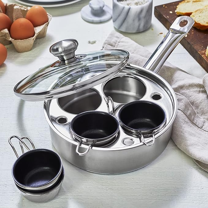 Demeyere Resto 18/10 Stainless Steel Stovetop Egg Poacher Set, 4 Removable Cups, Induction Compatible, Dishwasher Safe