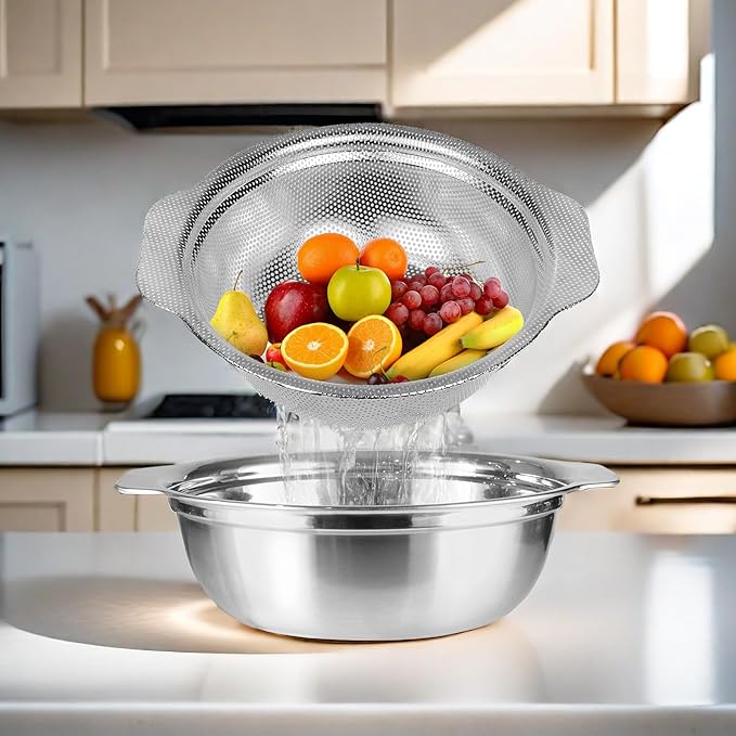 Extra Large 5.5QT Stainless Steel Colander, Large Capacity Rice Colander with Mixing Bowl, Rice Strainer for Vegetables, Fruit, Spaghetti, Pasta Strainer, Dishwasher Safe(2PC)