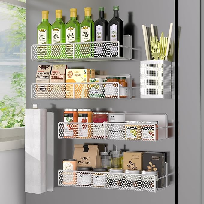 Magnetic Spice Rack for Refrigerator, 6 Pack Metal Magnetic Shelf White, Moveable Spice Organizer, Strong Magnetic Storage Fridge Organizer with Paper Towel Holder, Utensils Holder