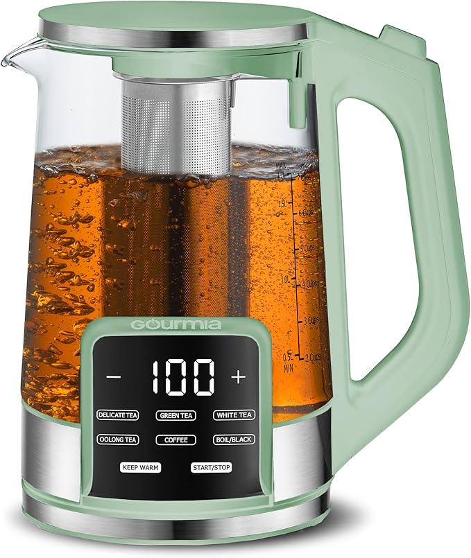 Gourmia Electric Glass Kettle – 1.7L Programmable Tea & Coffee Brewer with Digital Touch Display, 6 Presets, Removable Stainless Steel Infuser, Cordless with 360° Swivel Base, Green