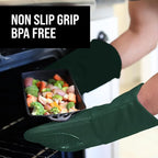 BPA-Free Silicone Oven Mitts Ultra Heat Resistant up to 500°F - Oven Mitts with Thick Cotton Liner - Long Slip Resistant Pot Holders, Flexible Oven Gloves - Green 13.7