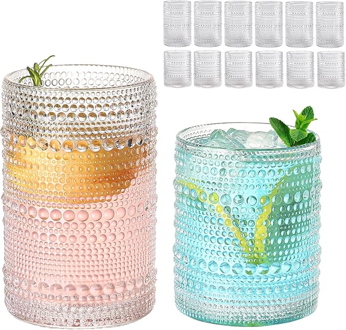 ZMOWIPDL Vintage Glassware Drinking Glasses Set of 12,Clear 12oz & 15oz Hobnail Glass Cups,Embossed Water Tumbler,for Beer,Cocktail,Whiskey,Juice and Various Mixed Drinks- 1 Cleaning Brush