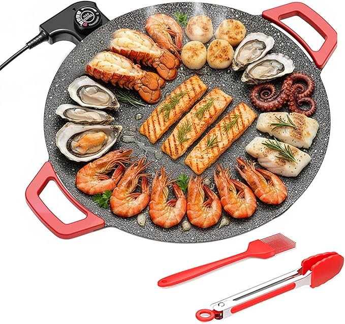 Electric Indoor Grill Nonstick Smokeless, 14 Inch Round Griddle with Temperature Control, Includes Oil Brush & Food Tongs for Kitchen, BBQ, Pan Searing Steak, Pancakes