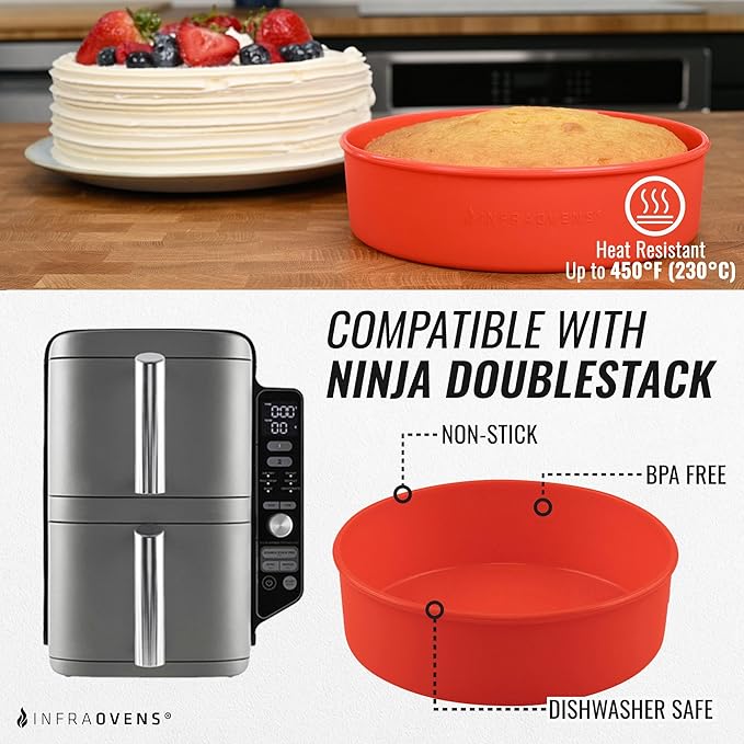 Air Fryer Baking Pan Set For Ninja DoubleStack 2-Basket 10QT SL401 Freezer, Airfryer Bakeware Sets with Cupcake Liners & Kitchen Conversion Chart, Nonstick Round Cake Molds for Baking