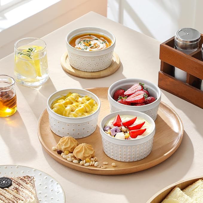 MALACASA Ramekins 8 Oz Oven Safe, Ceramic Creme Brulee Souffle Dishes, Pudding Custard Cups Ramekin For Baking, Small Dipping Sauce Bowls, Set of 4, Microwave and Dishwasher Safe, Arctic White