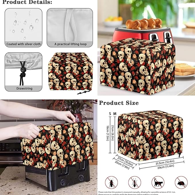 Rose Skulls Kitchen Appliance Covers 3 Pcs Set Gothic Toaster Covers 2 Slice Wide Slot & Blender Cover with Top Handle & Slow Cooker Dust Cover Halloween Decor