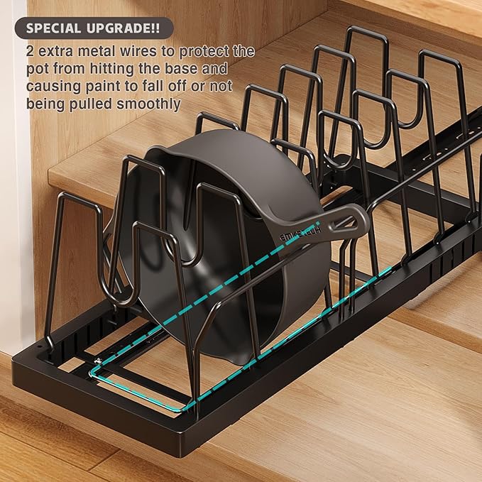 Pots and Pans Organizer Under Cabinet, 22" Deep Expandable Pull Out Pot Lid Organizer and Storage with 10 Adjustable Dividers No Drill Pot and Pan Holder Rack with Handle Bracket(1 Pack,Black)
