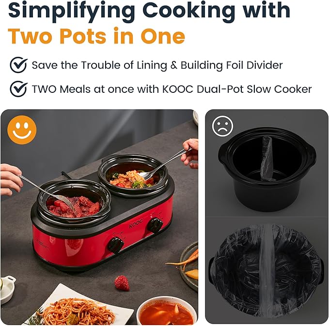 KOOC Double Small Slow Cooker, Buffet Server and Warmer, 2 Mini Pots with 3 Individual Adjustable Temp, Dual Ceramic Pots, Free Liners for Easy Clean-up, Stainless Steel, Total 2.5 Quart, Red, Round
