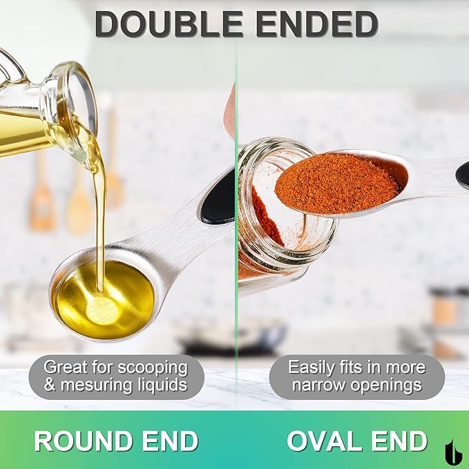 Urbanstrive 8 Pcs Upgraded Magnetic Measuring Spoons Set Stainless Steel Dual Sided for Liquid Dry Food Measuring Cups Spoons Set Fits in Spice Jar Kitchen Gadgets Including Leveler, Silver