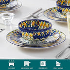 vancasso 12 Pieces Dinnerware Sets, Blue Plates and Bowls Set, Porcelain Dishes Set for 4, Microwave and Dishwasher Safe, Scratch Resistant, Bohemian Style Dining Ware Service for 4, Series SIMI