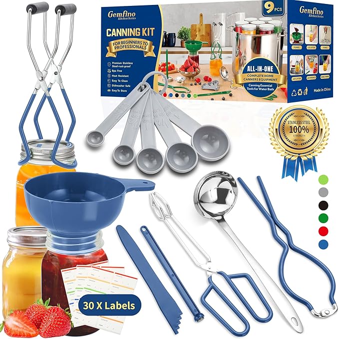Canning Supplies Starter Kit,Canning Kit for Beginners of 9 with Jar Lifter，Wide Mouth Funnel,Wrench,Tongs,Lid Lifter,Bubble Popper,Canning Labels,ladle,Measuring Spoon-Blue