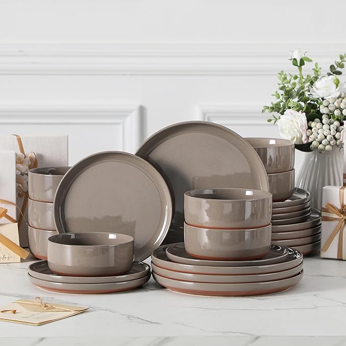 MALACASA Plates and Bowls Sets, 24 Pieces Modern Ceramic Dinnerware Set for 8 Kitchen Dinner Set Stoneware Dishware Dishes Set Microwave and Dishwasher Safe, Brown, Series TARA