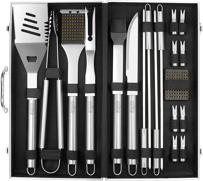 GRILLART BBQ Grill Utensil Tools Set Reinforced BBQ Tongs 19-Piece Stainless-Steel Barbecue Grilling Accessories w/Aluminum Storage Case -Complete Outdoor Grill Kit for Dad, Birthday Gift for Man Dad