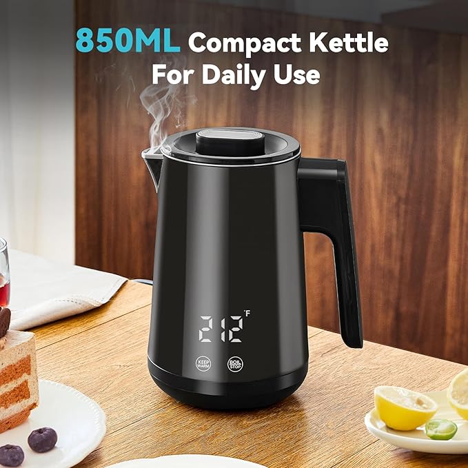Seehot® 850ml Small Electric Kettle Temperature Control,800W Double Wall Electric Tea Kettle of 304 Stainless Steel,5 Temp Presets,Hot Water Kettle Electric,Auto Shut Off for Tea and Coffee-Black