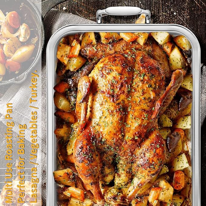 15 Inch Stainless Steel Roasting Pan with Cooling Rack - Turkey, Chicken, Ham Roaster with V-Shaped Baking Rack by Kendane