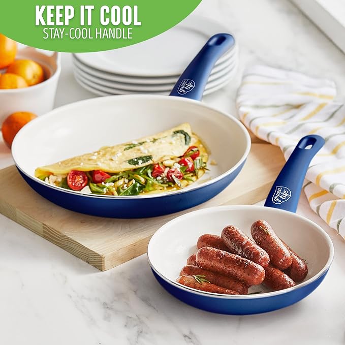 GreenLife Non Stick Fry Pan Set (7" & 10"), Non-Toxic PFAS-Free Ceramic Skillets, Dishwasher & Oven Safe, Egg Omelet Frying Pans, Stay- Cool Handles, Kitchen Home Cooking Essentials, Blue
