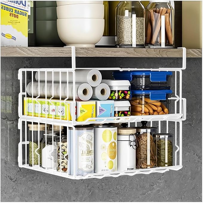 Under Shelf Basket Storage 2Pack - 12.6in Metal Under Cabinet Shelf, Hanging Wire Basket Shelves, Undershelf Storage Basket for Kitchen Pantry Bookshelf