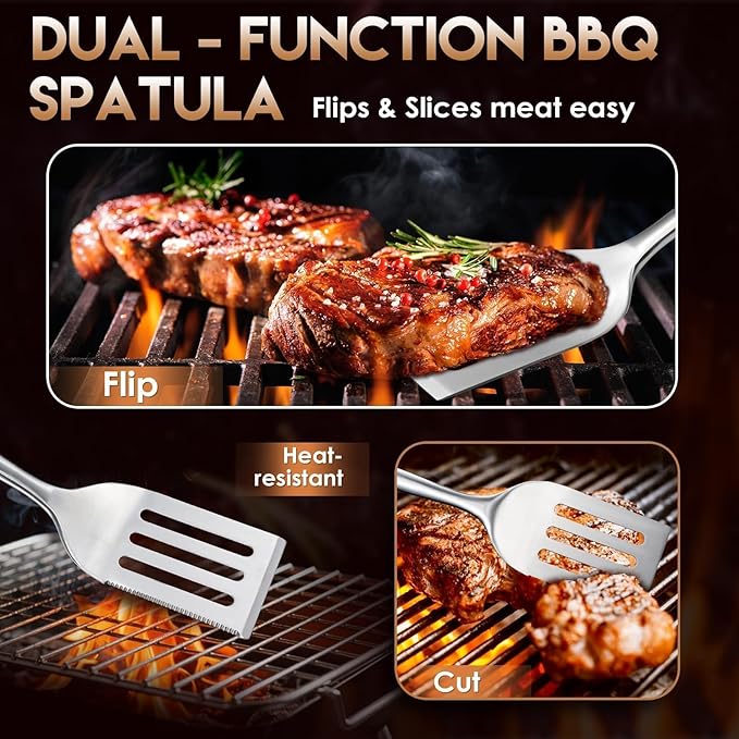 TIVOLI 3PCS Grilling Accessories, Heavy Duty BBQ Tool Set with Stainless Steel Spatula, Tongs, Fork, Wood Handles Barbecue Utensils Kit for Outdoor, Perfect Grill Gifts for Dad Men