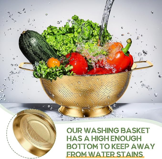 Bokon 3 Pcs Stainless Steel Colander Set Colander Bowl and Sieves 1/3/5 Quart Metal Mesh Strainer Net Basket with Handles Food Spaghetti Strainer for Kitchen Draining Pasta Rinsing(Gold)