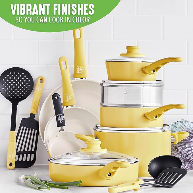 GreenLife Soft Grip 1QT and 2QT Saucepan Set, Healthy Ceramic Nonstick, Non Toxic PFAS & PFOA-Free, Dishwasher Safe, Glass Lids, Stay-Cool Handles, Easy Clean Cookware, Kitchen Essentials, Yellow
