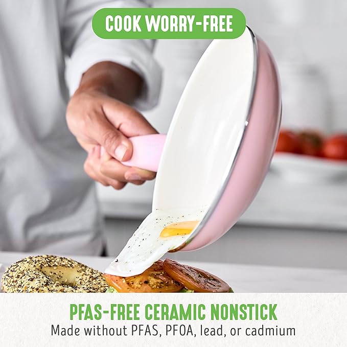 GreenLife Non Stick Fry Pan Set (7" & 10"), Non-Toxic PFAS-Free Ceramic Skillets, Dishwasher & Oven Safe, Egg Omelet Frying Pans, Stay- Cool Handles, Kitchen Home Cooking Essentials, Pink